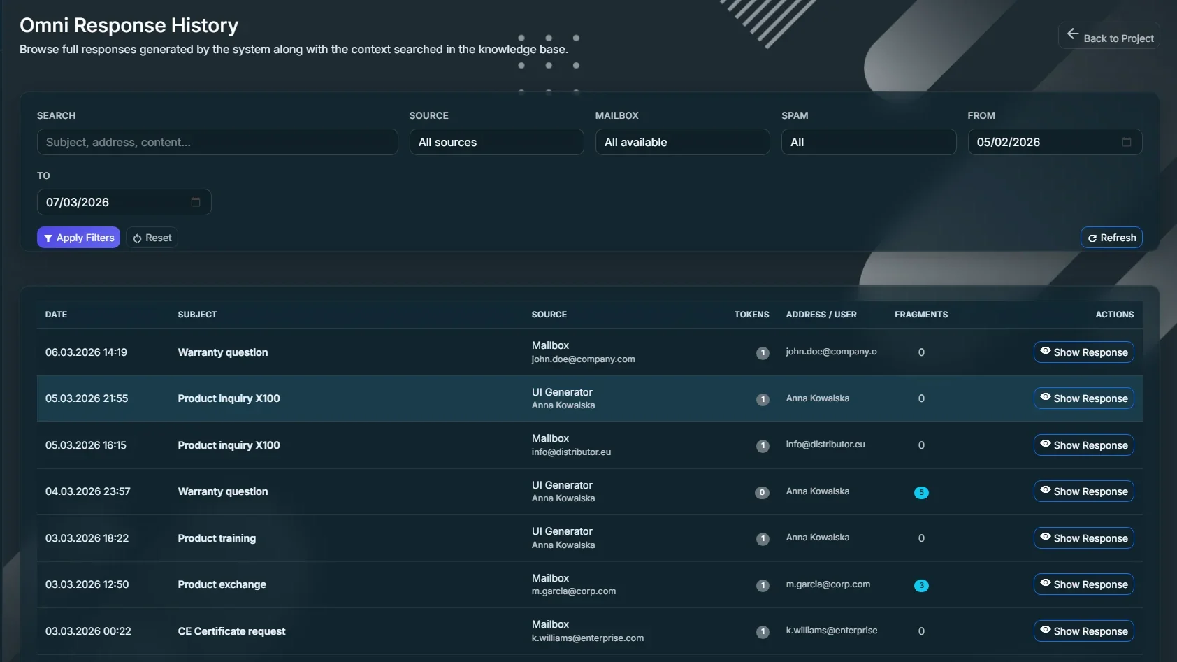 OmniResponse: history of generated reply drafts